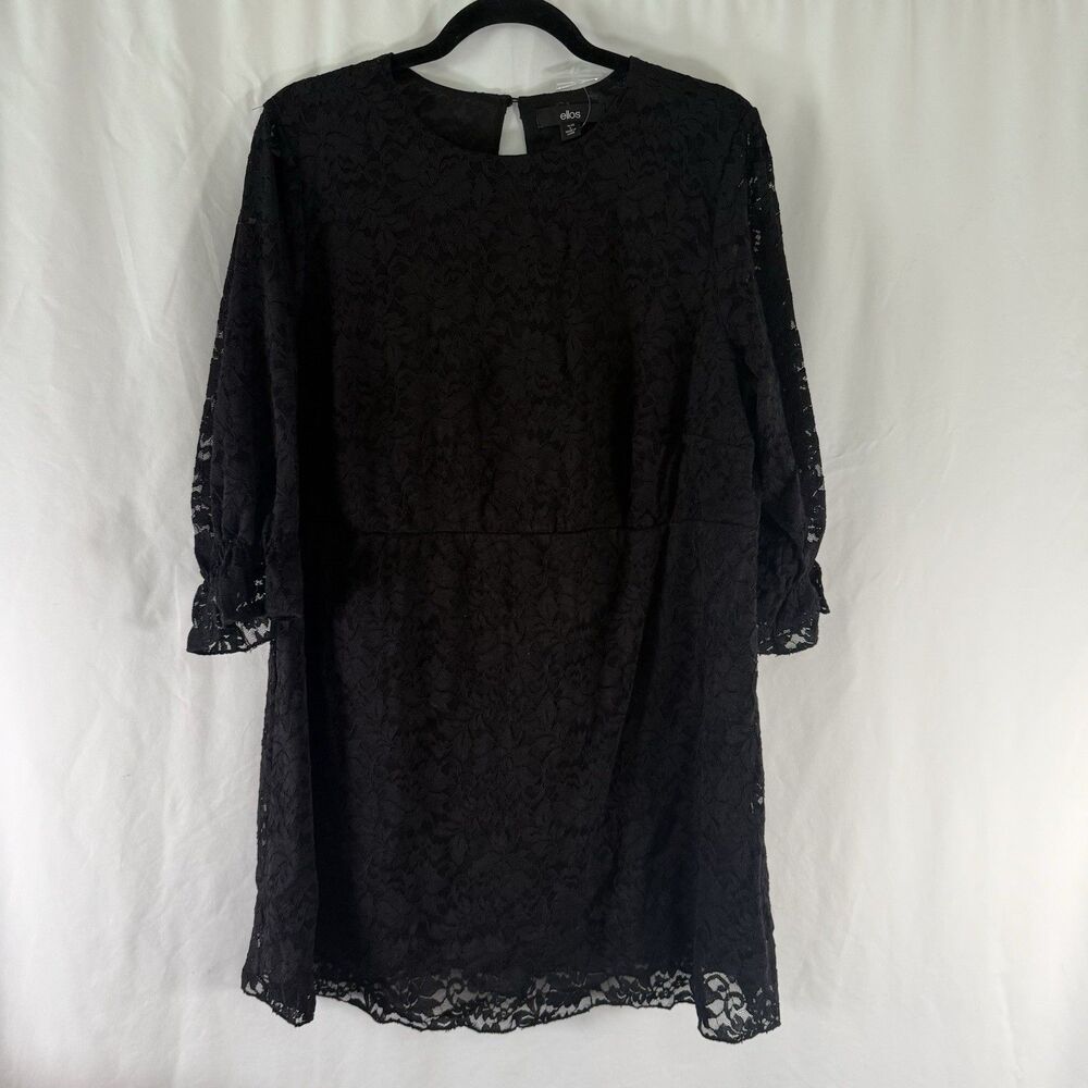 New ellos Dress Women's Large 18/20 Black Floral Semi Sheer 1/2 Sleeve Pullover